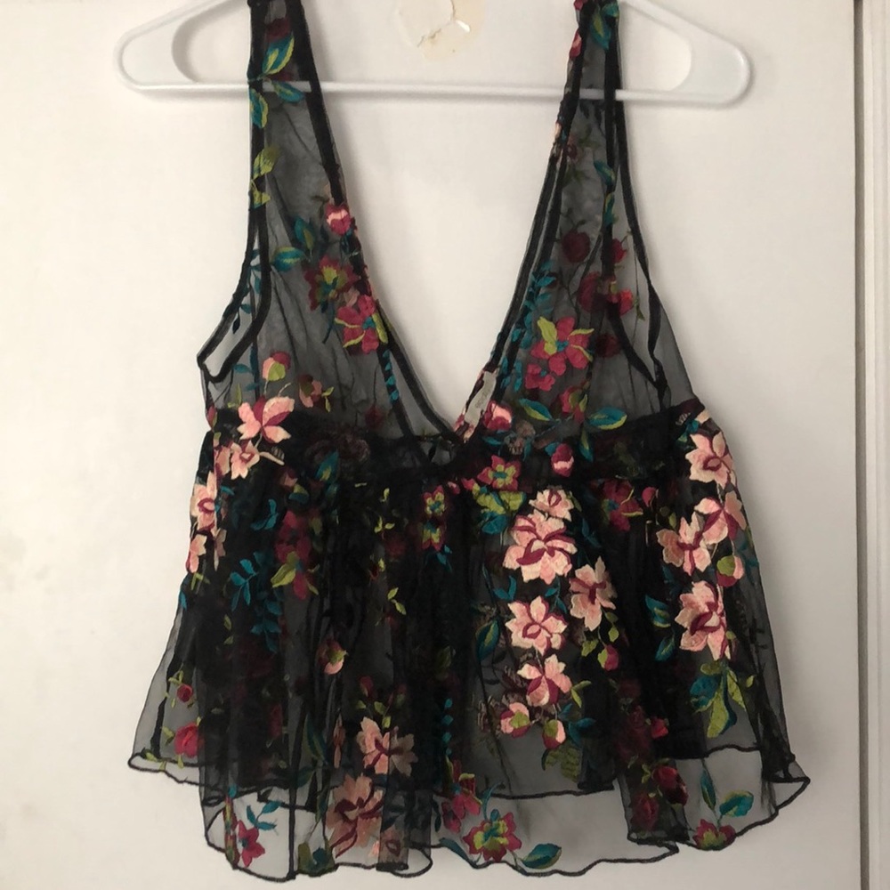 Urban Outfitter black mesh embroidered top NEW